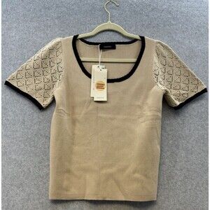 Dokotoo‎ Womens Knit Top Size Large Tan With Black Trim Eyelet Sleeves